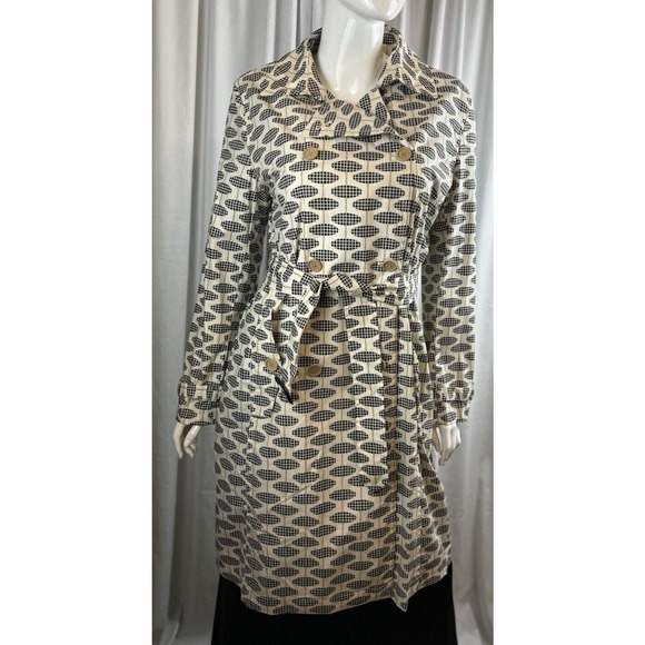 GAP‎ Double Breasted Trench Coat Belted Geo Print Button Up L Chic Vintage 58-02 - Picture 13 of 15